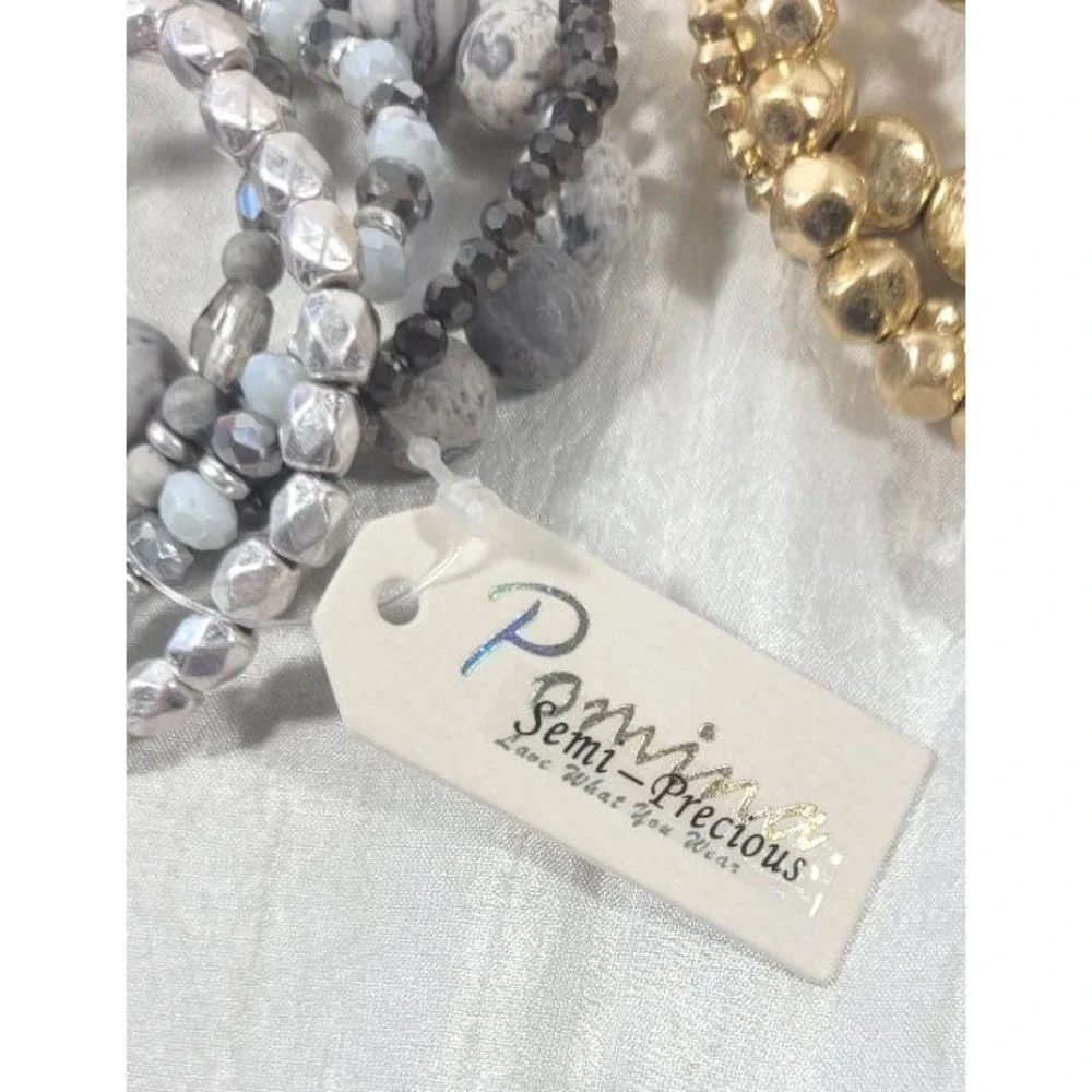 2 Sets of Pomina Stretch Beaded Bracelets - 5 Gray Semi Precious & 4 Gold - NWT